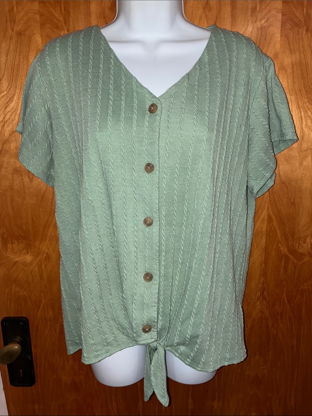 Weatherproof Textured Sage Green Button Tie Front Blouse Top Shirt - Size L